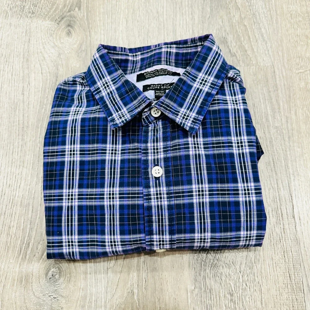 Banana Republic Shirt Men's Medium Blue Purple Grant Fit Plaid Button Down Shirt